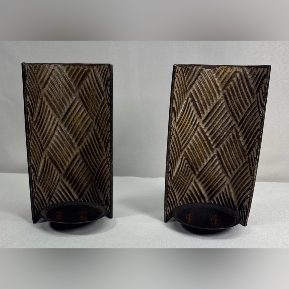 Pier 1 Brown Textured Metal Candle Holders - Geometric Pair